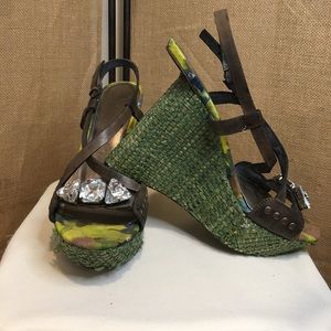 ‘SAM EDELMAN’ GRAY/GREEN JEWELED LEATHER WEDGE SANDAL – SZ 10